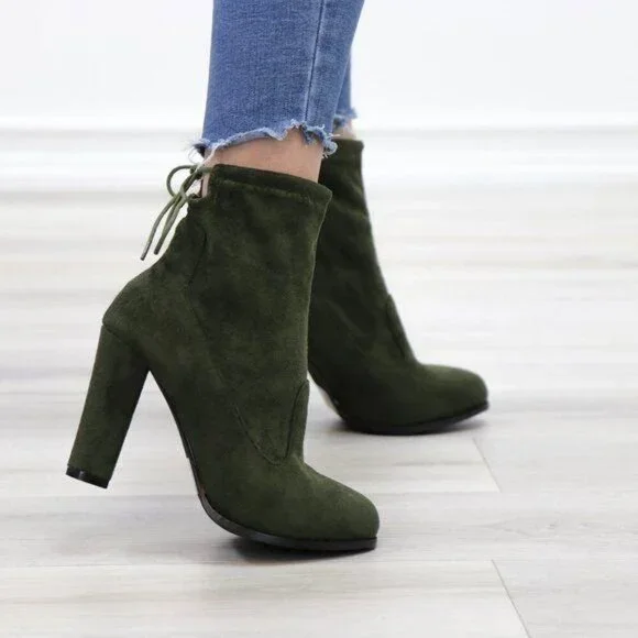 Ankle Heeled Boots High Block Heel Round Toe Olive Green Faux Suede High Shaft - Picture 7 of 15